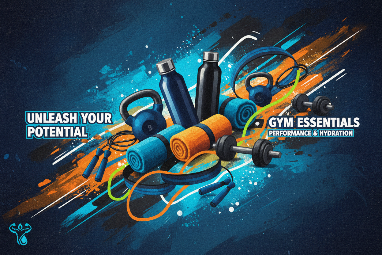 generate a best fit banner for gym accessories and bottles with canvas